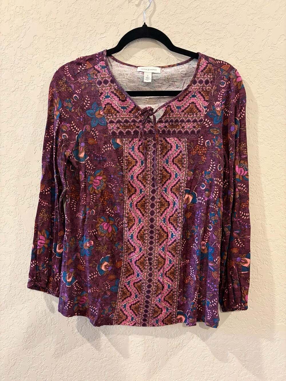 Vintage America Women's Long Sleeve Peasant Blouse in Italian Plum Floral